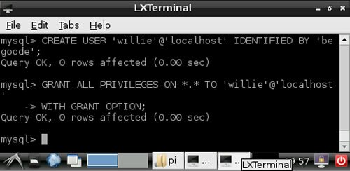 Figure 4: Creating new user and granting privileges